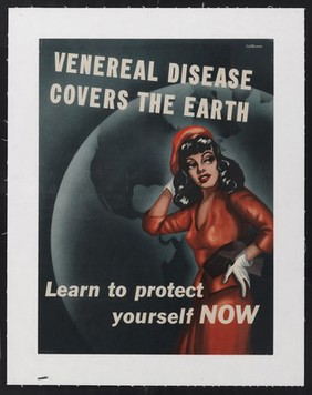 A promiscuous woman dressed in red with a map of the Americas behind her; warning American servicemen against sexually transmitted diseases. Colour lithograph after F. Williams, 194-.