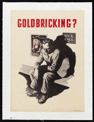 An American soldier or airman waiting to see a doctor; warning American servicemen against sexually transmitted diseases. Colour lithograph, 194-.