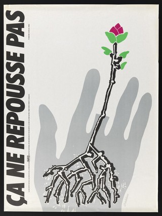 A hand with the middle finger cut off, contrasted with a flower growing in its place from the palm of the hand; advertising care in protecting the fingers. Colour lithograph after B. Chadebec.