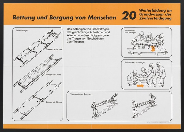 Transport of injured people in civil defence: use of stretchers. Colour lithograph, ca. 1984.