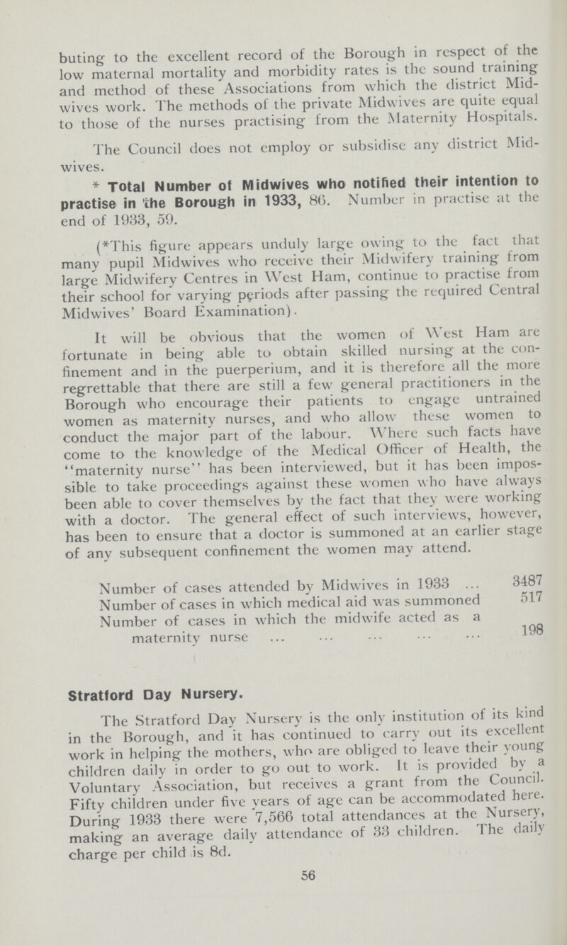 buting to the excellent record of the Borough in respect of the low maternal mortality and morbidity rates is the sound training and method of these Associations from which the district Mid wives work. The methods of the private Midwives are quite equal to those of the nurses practising from the Maternity Hospitals. The Council does not employ or subsidise any district Mid wives. *Total Number of Midwives who notified their intention to practise in the Borough in 1933, 86. Number in practise at the end of 1933, 59. (*This figure appears unduly large owing to the fact that many pupil Midwives who receive their Midwifery training from large Midwifery Centres in West Ham, continue to practise from their school for varying periods after passing the required Central Midwives' Board Examination). It will be obvious that the women of West Ham are fortunate in being able to obtain skilled nursing at the con finement and in the puerperium, and it is therefore all the more regrettable that there are still a few general practitioners in the Borough who encourage their patients to engage untrained women as maternity nurses, and who allow these women to conduct the major part of the labour. Where such facts have come to the knowledge of the Medical Officer of Health, the maternity nurse has been interviewed, but it has been impos sible to take proceedings against these women who have always been able to cover themselves by the fact that they were working with a doctor. The general effect of such interviews, however, has been to ensure that a doctor is summoned at an earlier stage of any subsequent confinement the women may attend. Number of cases attended by Midwives in 1933 3487 Number of cases in which medical aid was summoned 517 Number of cases in which the midwife acted as a maternity nurse 198 Stratford Day Nursery. The Stratford Day Nursery is the only institution of its kind in the Borough, and it has continued to carry out its excellent work in helping the mothers, who are obliged to leave their young children daily in order to go out to work. It is provided by a Voluntary Association, but receives a grant from the Council. Fifty children under five years of age can be accommodated here. During 1933 there were 7,566 total attendances at the Nursery, making an average daily attendance of 33 children. The daily charge per child is 8d. 56