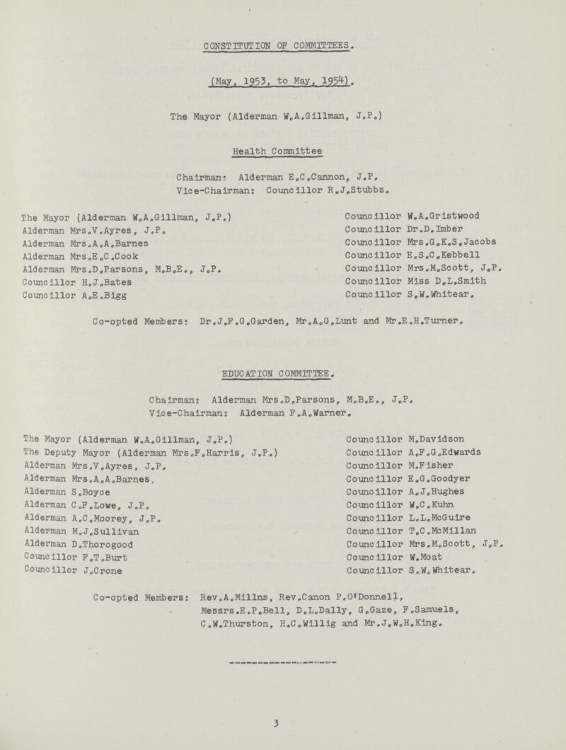 CONSTITUTION OF COMMITTEES. (May. 1953. to May. 1954). The Mayor (Alderman W.A.Gillman, J.P.) Health Committee Chairman: Alderman E.C.Cannon, J.P, Vice-Chairman: Councillor R.J.Stubbs. The Mayor (Alderman W.A.Gillman, J,P.) Councillor W.A.Gristwood Alderman Mrs.V.Ayres, J.P. Councillor Dr.D.Imber Alderman Mrs.A.A.Barnes Councillor Mrs.G.K.S.Jacobs Alderman Mrs.E.C.Cook Councillor E.S.C.Kebbell Alderman Mrs.D.Parsons, M.B.E., J.P. Councillor Mrs.M.Scott, J,P. Councillor H.J.Bates Councillor Miss D.L.Smith Councillor A.E.Bigg Councillor S.W.Whitear. Co-opted Members: Dr.J.F.G.Garden, Mr.A.G.Lunt and Mr.E.H.Turner„ EDUCATION COMMITTEE. Chairman: Alderman Mrs.D,Parsons, M.B.E., J.P. Vice-Chairman: Alderman F.A.Warner. The Mayor (Alderman W.A.Gillman, J.P.) Councillor M.Davidson The Deputy Mayor (Alderman Mrs.F.Harris, J.P.) Councillor A.F.G.Edwards Alderman Mrs.V.Ayres, J.P. Councillor M.Fisher Alderman Mrs.A.A.Barnes. Councillor E.G.Goodyer Alderman S.Boyce Councillor A.J.Hughes Alderman C.F.Lowe, J.P. Councillor W.C.Kuhn Alderman A.C.Moorey, J.P. Councillor L.L.McGuire Alderman M.J.Sullivan Councillor T,C.McMillan Alderman D.Thorogood Councillor Mrs.M.Scott, J.P. Councillor F.T.Burt Councillor W.Moat Councillor J.Crone Councillor S.W.Whitear. Co-opted Members: Rev.A.Millns, Rev.Canon P.O'Donnell, Messrs.E.P.Bell, D.L.Dally, G.Gaze, F.Samuels, C.W.Thurston, H.C.Willig and Mr.J.W.H.King. 3