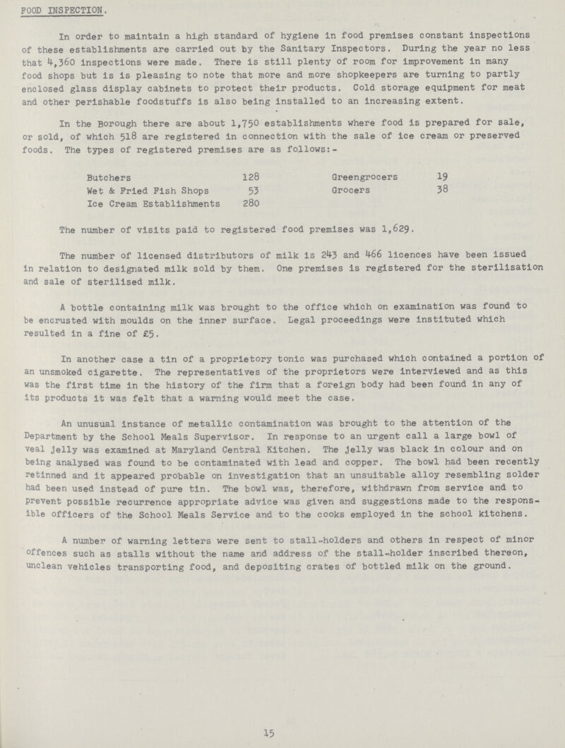 FOOD INSPECTION. In order to maintain a high standard of hygiene in food premises constant inspections of these establishments are carried out by the Sanitary Inspectors. During the year no less that 4,360 inspections were made. There is still plenty of room for improvement in many food shops but is is pleasing to note that more and more shopkeepers are turning to partly enclosed glass display cabinets to protect their products. Cold storage equipment for meat and other perishable foodstuffs is also being installed to an increasing extent. In the Borough there are about 1,75° establishments where food is prepared for sale, or sold, of which 518 are registered in connection with the sale of ice cream or preserved foods. The types of registered premises are as follows:- Butchers 128 Greengrocers 19 Wet & Pried Fish Shops 53 Grocers 38 Ice Cream Establishments 280 The number of visits paid to registered food premises was 1,629. The number of licensed distributors of milk is 243 and 466 licences have been issued in relation to designated milk sold by them. One premises is registered for the sterilisation and sale of sterilised milk. A bottle containing milk was brought to the office which on examination was found to be encrusted with moulds on the inner surface. Legal proceedings were instituted which resulted in a fine of £5. In another case a tin of a proprietory tonic was purchased which contained a portion of an unsmoked cigarette. The representatives of the proprietors were interviewed and as this was the first time in the history of the firm that a foreign body had been found in any of its products it was felt that a warning would meet the case. An unusual instance of metallic contamination was brought to the attention of the Department by the School Meals Supervisor. In response to an urgent call a large bowl of veal jelly was examined at Maryland Central Kitchen. The Jelly was black in colour and on being analysed was found to be contaminated with lead and copper. The bowl had been recently retinned and it appeared probable on investigation that an unsuitable alloy resembling solder had been used instead of pure tin. The bowl was, therefore, withdrawn from service and to prevent possible recurrence appropriate advice was given and suggestions made to the respons ible officers of the School Meals Service and to the cooks employed in the school kitchens. A number of warning letters were sent to stall-holders and others in respect of minor offences such as stalls without the name and address of the stall-holder inscribed thereon, unclean vehicles transporting food, and depositing crates of bottled milk on the ground. 15