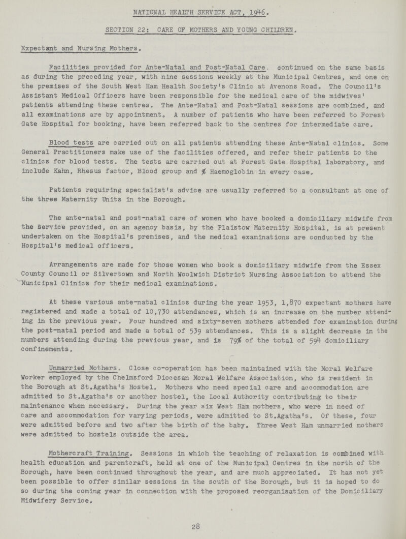 NATIONAL HEAUH SERVICE ACT, I9I6. SECTION 22: CARE OF MOTHERS AND YOUNG CHILDREN. Expectant and Nursing Mothers. Facilities provided for Ante-Natal and Post-Natal Care, continued on the same basis as during the preceding year, with nine sessions weekly at the Municipal Centres, and one on the premises of the South West Ham Health Society's Clinic at Avenons Road. The Council's Assistant Medical Officers have been responsible for the medical care of the midwlves' patients attending these centres. The Ante-Natal and Post-Natal sessions are combined, and all examinations are by appointment. A number of patients who have been referred to Forest Gate Hospital for booking, have been referred back to the centres for intermediate care. Blood tests are carried out on all patients attending these Ante-Natal clinics. Some General Practitioners make use of the facilities offered, and refer their patients to the clinics for blood tests. The tests are carried out at Forest Gate Hospital laboratory, and Include Kahn, Rhesus factor, Blood group and % Haemoglobin In every case. Patients requiring specialist's advice are usually referred to a consultant at one of the three Maternity Units in the Borough. The ante-natal and post-natal care of women who have booked a domiciliary midwife from the serrice provided, on an agency basis, by the Plaistow Maternity Hospital, Is at present undertaken on the Hospital's premises, and the medical examinations are conducted by the Hospital's medical officers. Arrangements are made for those women who book a domiciliary midwife from the Essex County Council or Silvertown and North Woolwich District Nursing Association to attend the Municipal Clinics for their medical examinations. At these various ante-natal clinics during the year 1953, 1,870 expectant mothers have registered and made a total of 10,730 attendances, which is an Increase on the number attend ing In the previous year. Four hundred and sixty-seven mothers attended for examination during the post-natal period and made a total of 539 attendances. This is a slight decrease in the numbers attending during the previous year, and is 79% of the total of 594 domiciliary confinements. Unmarried Mothers. Close co-operation has been maintained with the Moral Welfare Worker employed by the Chelmsford Diocesan Moral Welfare Association, who is resident in the Borough at St.Agatha's Hostel. Mothers who need special care and accommodation are admitted to St.Agatha's or another hostel, the Local Authority contributing to their maintenance when necessary. During the year six West Ham mothers, who were in need of care and accommodation for varying periods, were admitted to St.Agatha's. Of these, four were admitted before and two after the birth of the baby. Three West Ham unmarried mothers were admitted to hostels outside the area. Mothercraft Training. Sessions in which the teaching of relaxation is conbined with health education and parentcraft, held at one of the Municipal Centres in the north of the Borough, have been continued throughout the year, and are much appreciated. It has not yet been possible to offer similar sessions in the south of the Borough, but it is hoped to do so during the coming year in connection with the proposed reorganisation of the Domiciliary Midwifery Service. 28