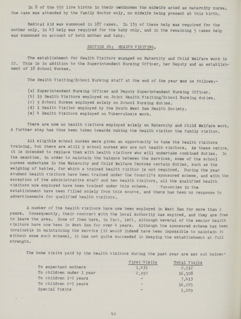 In 8 of the 555 live births In their ownhhomes the midwife acted as maternity nurse. One case was attended by the family doctor only, no midwife being present at this birth. Medical Aid was summoned in 187 cases. In 139 of these help was required for the mother only, in 43 help was required for the baby only, and in the remaining 5 cases help was summoned on account of both mother and baby. SECTION 24: HEAETH VISITING. The establishment for Health Visitors engaged on Maternity and Child Welfare work is 22. This is In addition to the Superintendent Nursing Officer, her Deputy and an establish ment of 18 School Nurses. The Health Visiting/School Nursing staff at the end of the year was as follows:- (a) Superintendent Nursing Officer and Deputy Superintendent Nursing Officer. (b) 19 Health Visitors employed on Joint Health Visiting/School Nursing duties. (c) 9 School Nurses employed solely on School Nursing duties. (d) 1 Health Visitor employed by the South West Ham Health Society. (e) 4 Health Visitors employed on Tuberculosis work. There are now no health visitors employed solely on Maternity and Child Welfare work. A further step has thus been taken towards making the health visitor the family visitor. All eligible school nurses were given an opportunity to take the health visitors training, but there are still 9 school nurses who are not health visitors. As these retire, it is intended to replace them with health visitors who will undertake combined duties. In the meantime, in order to maintain the balance between the services, some of the school nurses undertake in the Maternity and Child Welfare Centres certain duties, such as the weighing of babies, for which a trained health visitor is not required. During the year student health visitors have been trained under the Council's sponsored scheme, and with the exception of the administrative staff and two health visitors, all the qualified health visitors now employed have been trained under this scheme. Vacancies in the establishment have been filled solely from this source, and there has been no response to advertisements for qualified health visitors. A number of the health visitors have now been employed in West Ham for more than 2 years. Consequently, their contract with the Local Authority has expired, and they are free to leave the area. Some of them have, in fact, left, although several of the senior health visitors have now been in West Ham for over 4 years. Although the sponsored scheme has been invaluable in maintaining the service (it would Indeed have been impossible to maintain it without some such scheme), it has not quite succeeded in keeping the establishment at full strength. The home visits paid by the health visitors during the past year are set out below:- First Visits Total Visits To expectant mothers 1,431 2,512 To children under 1 year 2,990 16,508 To children 1-2 years - 7,413 To children 2-5 years - 16,205 Special Visits - 1,209 40