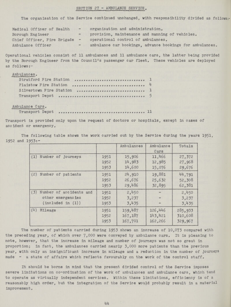 SECTION 27 - AMBULANCE SERVICE. The organisation of the Service continued unchanged, with responsibility divided as follows:- Medical Officer of Health organisation and administration. Borough Engineer provision, maintenance and manning of vehicles. Chief Officer, Fire Brigade operational control of ambulances. Ambulance Officer ambulance car bookings, advance bookings for ambulances. Operational vehicles consist of 11 ambulances and 11 ambulance cars, the latter being provided by the Borough Engineer from the Council's passenger car fleet. These vehicles are deployed as follows Ambulances. Stratford Fire Station 1 Plaistow Fire Station 4 Silvertown Fire Station 1 Transport Depot 5 Ambulance Cars. Transport Depot 11 Transport is provided only upon the request of doctors or hospitals, except in cases of accident or emergency. The following table shows the work carried out by the Service during the years 1951. 1952 and 1953:- Ambulances Ambulance Cars Totals (1) Number of journeys 1951 15,906 11,466 27,372 1952 14,983 12,985 27,968 1953 14,600 15,076 29,676 (2) Number of patients 1951 24,910 19,881 44,791 1952 26,676 25,632 52,308 1953 29,486 32,895 62,381 (3) Number of accidents and other emergencies (included in (1)) 1951 2,450 - 2,450 1952 3,237 - 3,237 1953 3,435 - 3,435 (4) Mileage 1951 159,487 126,446 285,933 1952 167,187 143,421 310,608 1953 167,701 162,266 329,967 The number of patients carried during 1953 shows an increase of 10,073 compared with the preceding year, of which over 7,000 were conveyed by ambulance cars. It is pleasing to note, however, that the increase in mileage and number of Journeys was not so great in proportion; in fact, the ambulances carried nearly 3,000 more patients than the previous year, with only an insignificant increase in mileage and a reduction in the number of journeys made - a state of affairs which reflects favourably on the work of the control staff. It should be borne in mind that the present divided control of the Service imposes severe limitations on co-ordination of the work of ambulances and ambulance cars, which tend to operate as virtually independent services. Within these limitations, efficiency is of a reasonably high order, but the integration of the Service would probably result in a material improvement. 44