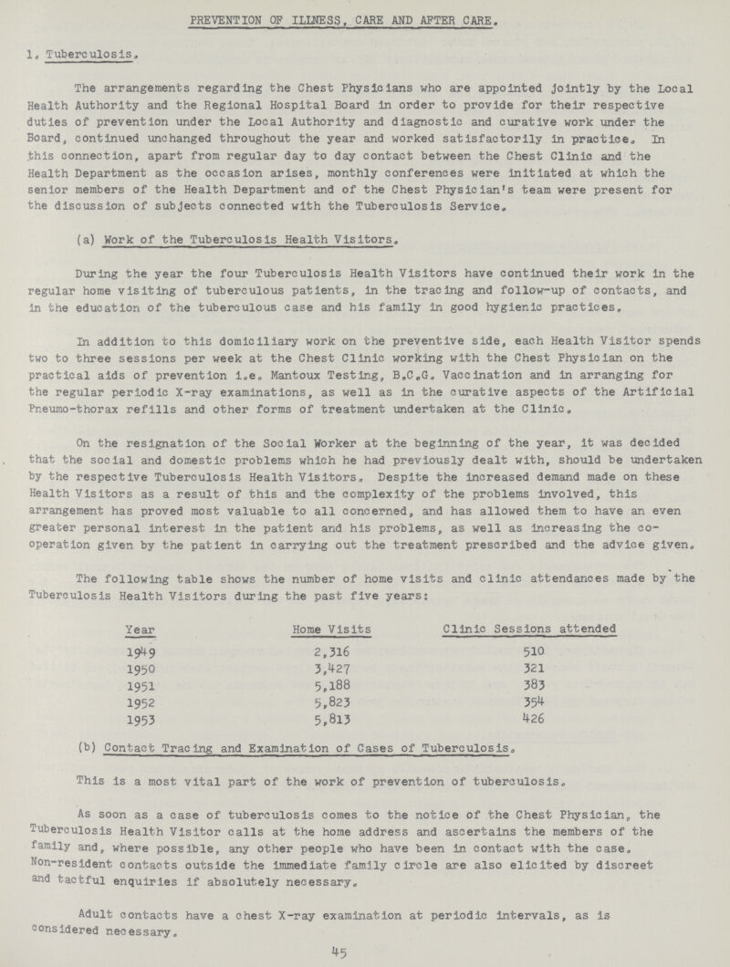PREVENTION OF ILLNESS, CARE AND AFTER CARE. 1,, Tuberculosis. The arrangements regarding the Chest Physicians who are appointed jointly by the Local Health Authority and the Regional Hospital Board in order to provide for their respective duties of prevention under the Local Authority and diagnostic and curative work under the Board, continued unchanged throughout the year and worked satisfactorily in practice. In this connection, apart from regular day to day contact between the Chest Clinic and the Health Department as the occasion arises, monthly conferences were initiated at which the senior members of the Health Department and of the Chest Physician's team were present for the discussion of subjects connected with the Tuberculosis Service. (a) Work of the Tuberculosis Health Visitors. During the year the four Tuberculosis Health Visitors have continued their work in the regular home visiting of tuberculous patients, in the tracing and follow-up of contacts, and in the education of the tuberculous case and his family In good hygienic practices. In addition to this domiciliary work on the preventive side, each Health Visitor spends two to three sessions per week at the Chest Clinic working with the Chest Physician on the practical aids of prevention i.e. Mantoux Testing, B.C.G. Vaccination and in arranging for the regular periodic X-ray examinations, as well as in the curative aspects of the Artificial Pneumo-thorax refills and other forms of treatment undertaken at the Clinic. On the resignation of the Social Worker at the beginning of the year, it was decided that the social and domestic problems which he had previously dealt with, should be undertaken by the respective Tuberculosis Health Visitors. Despite the increased demand made on these Health Visitors as a result of this and the complexity of the problems involved, this arrangement has proved most valuable to all concerned, and has allowed them to have an even greater personal interest in the patient and his problems, as well as increasing the co operation given by the patient in carrying out the treatment prescribed and the advice given. The following table shows the number of home visits and clinic attendances made by the Tuberculosis Health Visitors during the past five years: Year Home Visits Clinic Sessions attended 1949 2,316 510 1950 3,427 321 1951 5,188 383 1952 5,823 354 1953 5,813 426 (b) Contact Tracing and Examination of Cases of Tuberculosis. This is a most vital part of the work of prevention of tuberculosis. As soon as a case of tuberculosis comes to the notice of the Chest Physician, the Tuberculosis Health Visitor calls at the home address and ascertains the members of the family and, where possible, any other people who have been in contact with the case. Non-resident contacts outside the immediate family circle are also elicited by discreet and tactful enquiries if absolutely necessary. Adult contacts have a chest X-ray examination at periodic intervals, as is considered necessary. 45