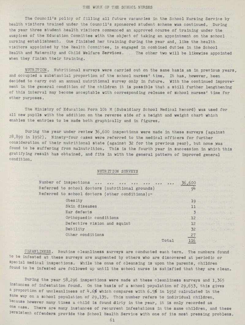 THE WORK OP THE SCHOOL NURSES The Council's policy of filling all future vacancies in the School Nursing Service by health visitors trained under the Council's sponsored student scheme was continued. During the year three student health visitors commenced an approved course of training under the auspices of the Education Committee with the object of taking an appointment on the school nursing establishment. One finished her training during the year and, like the health visitors appointed by the Health Committee, is engaged in combined duties in the School Health and Maternity and Child Welfare Services. The other two will be likewise appointed when they finish their training. NUTRITION. Nutritional surveys were carried out on the same basis as in previous years, and occupied a substantial proportion of the school nurses' time. It has, however, been decided to carry out an annual nutritional survey only in future. With the continued improve ment in the general condition of the children It is possible that a still further lengthening of this Interval may become acceptable with corresponding release of school nurses' time for other purposes. The Ministry of Education Form 10b M (Subsidiary School Medical Record) was used for all new pupils with the addition on the reverse side of a height and weight chart which enables the entries to be made both graphically and in figures. During the year under review 36,600 inspections were made in these surveys (against 28,899 in 1952). Ninety-four cases were referred to the medical officers for further consideration of their nutritional state (against 32 for the previous year), but none was found to be suffering from malnutrition. This is the fourth year in succession in which this gratifying result has obtained, and fits in with the general pattern of improved general cond it ion. NUTRITION SURVEYS Number of inspections 36,600 Referred to school doctors (nutritional grounds) 94 Referred to school doctors (other conditions):- Obesity 19 Skin diseases 11 Ear defects 3 Orthopaedic conditions 12 Defective vision and squint 12 Debility 32 Other conditions 27 Total 116 CLEANLINESS. Routine cleanliness surveys are conducted each term. The numbers found to be infested at these surveys are augmented by others who are discovered at periodic or special medical inspections. While the onus of cleansing is upon the parents, children found to be infested are followed up until the school nurse is satisfied that they are clean. During the year 58,296 inspections were made at these cleanliness surveys and 1,365 instances of infestation found. On the basis of a school population of 29,653, this gives a proportion of uncleanliness of 4.6% which compares with 6.5% in 1952 calculated in the same way on a school population of 29,135. This number refers to individual children, because however many times a child is found dirty in the year, it is only recorded as one case. There are many instances of recurrent infestations in the same children, and these Persistent offenders provide the School Health Service with one of its most pressing problems. 61