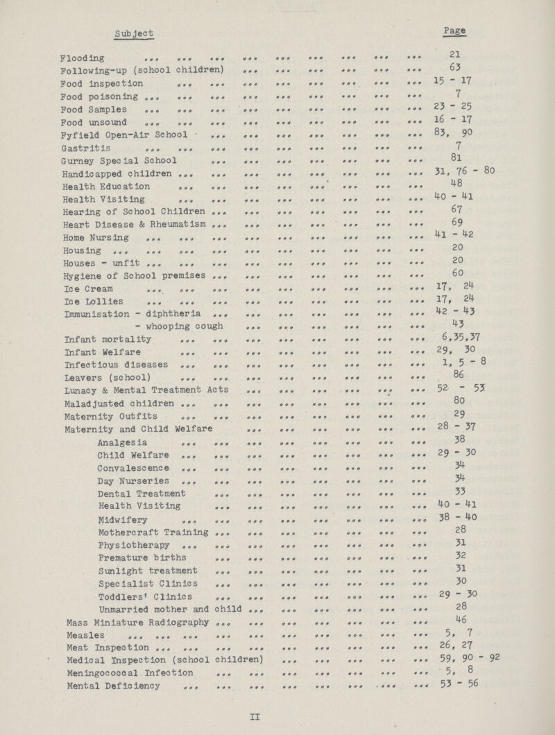 Subject Page Flooding 21 Following-up (school children) 63 Food inspection 15-17 Food poisoning 7 Food Samples 23 -25 Food unsound 16- 17 Fyfield Open-Air School 83, 90 Gastritis 1 Gurney Special School 81 Hand icapped children 31,76-80 Health Fducat ion 48 Health Vis it ing 40 — 41 Hearing of School Children 67 Heart Disease & Rheumatism 69 Home Nursing 4l -42 Ho us ing 20 Houses — unfit 20 Hygiene of School premises 60 Ice Cream 17,24 Ice Lollies 17,24 Immunisation - diphtheria 42-43 — whooping cough 43 Xnfant mortality 6,35,37 Infant We1fare 29, 30 Infectious diseases 1,5-8 Leavers (school) 86 Lunacy & Mental Treatment Acts 52 - 55 Malad Justed children 80 Maternity Outfits . 29 Maternity and Child Welfare 28-37 Analgesia 38 Child Welfare 29 - 30 Convalescence 34 Day Nurseries 34 Dental Treatment 33 Health Visiting 40 - 4l Midwifery 38—40 Mothercraft Training 28 Physiotherapy 31 Premature births 32 Sunlight treatment 31 Specialist Clinics 30 Toddlers1 Clinics 29 - 30 Unmarried mother and child 28 Mass Miniature Radiography 46 Measles 5, 7 Meat Inspection 26, 27 Medical Inspection (school children) 59,90-92 Meningococcal Infection 5, 8 Mental Deficiency 53 - 56 II