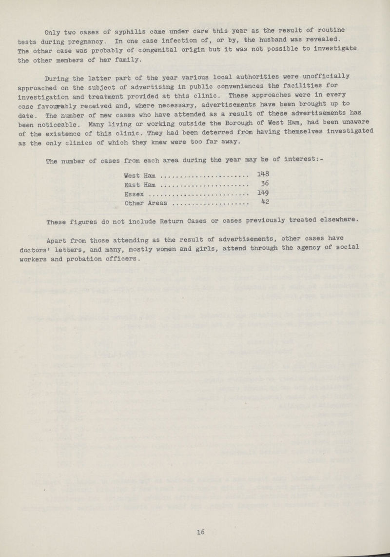 Only two cases of syphilis came under care this year as the result of routine tests during pregnancy. In one case infection of, or by, the husband was revealed. The other case was probably of congenital origin but it was not possible to investigate the other members of her family. During the latter part of the year various local authorities were unofficially approached on the subject of advertising in public conveniences the facilities for investigation and treatment provided at this clinic. These approaches were in every ease favourably received and, where necessary, advertisements have been brought up to date. The number of new cases who have attended as a result of these advertisements has been noticeable. Many living or working outside the Borough of West Ham, had been unaware of the existence of this clinic. They had been deterred from having themselves investigated as the only clinics of which they knew were too far away. The number of cases from each area during the year may be of interest West Ham 148 East Ham 36 Essex 149 Other Areas 42 These figures do not include Return Cases or cases previously treated elsewhere. Apart from those attending as the result of advertisements, other cases have doctors' letters, and many, mostly women and girls, attend through the agency of social workers and probation officers. 16