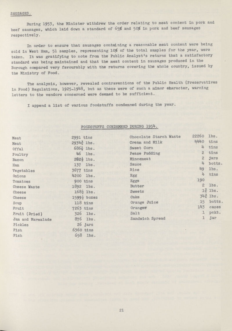 SAUSAGES. During 1953, the Minister withdrew the order relating to meat content In pork and beef sausages, which laid down a standard of 65# and 50# in pork and beef sausages respectively. In order to ensure that sausages containing a reasonable meat content were being sold in West Ham, 51 samples, representing 10$ of the total samples for the year, were taken. It was gratifying to note from the Public Analyst's returns that a satisfactory standard was being maintained and that the meat content in sausages produced in the Borough compared very favourably with the returns covering the whole country, issued by the Ministry of Pood. The analysis, however, revealed contraventions of the Public Health (Preservatives in Food) Regulations, I925-I9I8, but as these were of such a minor character, warning letters to the vendors concerned were deemed to be sufficient. I append a list of various foodstuffs condemned during the year. FOODSTUFFS CONDEMNED DURING 195*+• Meat 2991 tins Chocolate Starch Waste 22260 lbs. Meat 2934¾ lbs. Cream and Milk 4440 tins Offal 686¼ lbs. Sweet Corn 4 tins Poultry 46 lbs. Pease Pudding 2 tins Bacon 282½ lbs. Mincemeat 2 jars Ham 137 lbs. Sauce 4 botts. Vegetables 3677 tins Rice 49 lbs. Onions 4200 lbs. Egg tins Tomatoes 900 tins Eggs 190 Cheese Waste 1892 lbs. Butter 2 lbs. Cheese 168½ lbs. Sweets 1¾ lbs. Cheese 1599½ boxes Cake 34¾ lbs. Soup 118 tins Orange Juice 15 botts. Fruit 7263 tins Oranges 143 cases Fruit (Dried) 326 lbs. Salt 1 pckt. Jam and Marmalade 876 lbs. Sandwich Spread 1 jar Pickles 26 jars Fish 6360 tins Fish 658 lbs. 21