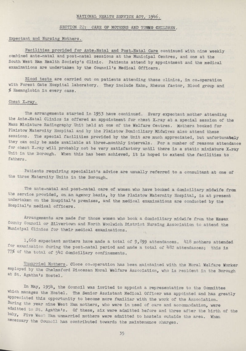 \ NATIONAL HEALTH SERVICE ACT, 1946. SECTION 22: CARE OF MOTHERS AND YOUNG CHILDREN. Expectant and Nursing Mothers. Facilities provided for Ante-Natal and Post-Natal Care continued with nine weekly combined ante-natal and post-natal sessions at the Municipal Centres, and one at the South West Ham Health Society's Clinic. Patients attend by appointment and the medical examinations are undertaken by the Council's Medical Officers. Blood tests are carried out on patients attending these clinics, in co-operation with Forest Gate Hospital laboratory. They include Kahn, Rhesus factor, Blood group and % Haemoglobin in every case. Chest X-ray. The arrangements started In 1953 have continued. Every expectant mother attending the Ante-Natal Clinics is offered an appointment for chest X-ray at a special session of the Mass Miniature Radiography Unit held at one of the Welfare Centres. Mothers booked for Plaistow Maternity Hospital and by the Plaistow Domiciliary Midwives also attend these sessions. The special facilities provided by the Unit are much appreciated, but unfortunately they can only be made available at three-monthly intervals. For a number of reasons attendance for chest X-ray will probably not be very satisfactory until there is a static miniature X-ray Unit in the Borough. When this has been achieved, it is hoped to extend the facilities to fathers. Patients requiring specialist's advice are usually referred to a consultant at one of the three Maternity Units in the Borough. The ante-natal and post-natal care of women who have booked a domiciliary midwife from the service provided, on an agency basis, by the Plaistow Maternity Hospital, is at present undertaken on the Hospital's premises, and the medical examinations are conducted by the Hospital's medical officers. Arrangements are made for those women who book a domiciliary midwife from the Essex County Council or Silvertown and North Woolwich District Nursing Association to attend the Municipal Clinics for their medical examinations. 1,660 expectant mothers have made a total of 9,899 attendances. 418 mothers attended for examination during the post-natal period and made a total of 482 attendances; this is 11% of the total of 542 domiciliary confinements. Unaarrled Mothers. Close co-operation has been maintained with the Moral Welfare Worker employed by the Chelmsford Diocesan Moral Welfare Association, who is resident in the Borough at St. Agatha's Hostel. In May, 1954, the Council was invited to appoint a representative to the Committee which manages the Hostel. The Senior Assistant Medical Officer was appointed and has greatly appreciated this opportunity to become more familiar with the work of the Association. During the year nine West Ham mothers, who were in need of care and accommodation, were admitted to St. Agatha's. Of these, six were admitted before and three after the birth of the baby, Five West Ham unmarried mothers were admitted to hostels outside the area. When, necessary the Council has contributed towards the maintenance charges. 35