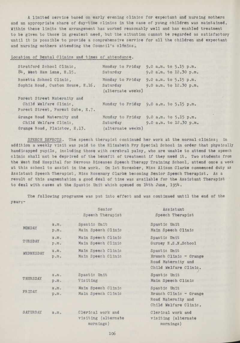 A limited service based on early evening clinics for expectant and nursing mothers and an appropriate share of day-time clinics in the case of young children was maintained. Within these limits the arrangement has worked reasonably well and has enabled treatment to be given to those in greatest need but the situation cannot be regarded as satisfactory until it is possible to provide a comprehensive service for all the children and expectant and nursing mothers attending the Council's clinics. Location of Dental Clinics and times of attendance. Stratford School Clinic, Monday to Friday 9.0 a.m. to 5.15 p.m. 84, West Ham Lane, E.15. Saturday 9.0 a.m. to 12.30 p.m. Rosetta School Clinic, Monday to Friday 9.0 a.m. to 5.15 p.m. Sophia Road, Custom House, E.16. Saturday 9.0 a.m. to 12.30 p.m. (alternate weeks) Forest Street Maternity and Child Welfare Clinic, Monday to Friday 9.0 a.m. to 5.15 p.m. Forest Street, Forest Gate, E.7. Grange Road Maternity and Monday to Friday 9.0 a.m. to 5.15 p.m. Child Welfare Clinic, Saturday 9.0 a.m. to 12.30 p.m. Grange Road, Plaistow, E.13. (alternate weeks) SPEECH DEFECTS. The speech therapist continued her work at the normal clinics; in addition a weekly visit was paid to the Elizabeth Fry Special School in order that physically handicapped pupils, including those with cerebral palsy, who are unable to attend the speech clinic shall not be deprived of the benefit of treatment if they need it. Two students from the West End Hospital for Nervous Diseases Speech Therapy Training School, attend once a week at this school to assist in the work. On 1st November, Miss Alison Clarke commenced duty as Assistant Speech Therapist, Miss Rosemary Clarke becoming Senior Speech Therapist. As a result of this augmentation a good deal of time was available for the Assistant Therapist to deal with cases at the Spastic Unit which opened on l4th June, 1954. The following programme was put into effect and was continued until the end of the year:- Senior Speech Therapist Assistant Speech Therapist MONDAY a.m. Spastic Unit Spastic Unit p.m. Main Speech Clinic Main Speech Clinic TUESDAY a .m. Main Speech Clinic Spastic Unit p.m. Main Speech Clinic Gurney E.S.N.School WEDNESDAY a.m„ Main Speech Clinic Spastic Unit p.m. Main Speech Clinic Branch Clinic - Grange Road Maternity and Child Welfare Clinic. THURSDAY a.m. Spastic Unit Spastic Unit a.m. Visiting Main Speech Clinic FRIDAY a.m. Main Speech Clinic Spastic Unit p.m. Main Speech Clinic Branch Clinic - Grange Road Maternity and Child Welfare Clinic. SATURDAY a.m. Clerical work and visiting (alternate mornings) Clerical work and visiting (alternate mornings) 106