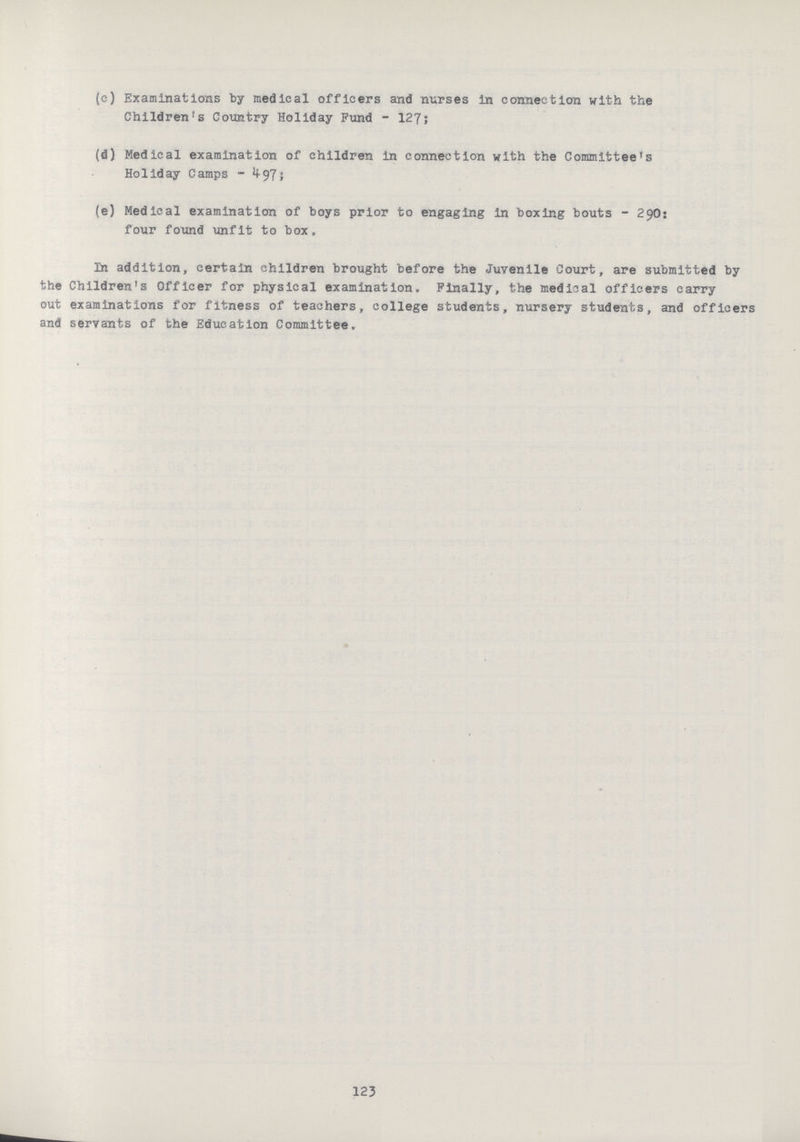 (c) Examinations by medical officers and nurses in connection with the Children's Country Holiday Fund - 127; (d) Medical examination of children in connection with the Committee's Holiday Camps - 497; (e) Medical examination of boys prior to engaging in boxing bouts - 290: four found unfit to box. In addition, certain children brought before the Juvenile Court, are submitted by the Children's Officer for physical examination. Finally, the medical officers carry out examinations for fitness of teachers, college students, nursery students, and officers and servants of the Education Committee. 123