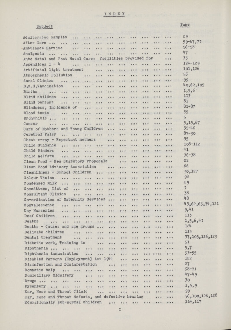 INDEX Subject Page Adulterated samples 29 After Care 59-67,73 Ambulance Service 56-58 Analgesia 47 Ante Natal and Post Natal Care: facilities provided for 35 Appendices 1-4 124-12 9 Artificial light treatment 101,126 Atmospheric Pollution 26 Aural Clinics 99 B.C.G. Vaccination 40,62,105 Births 1,5,6 Blind children 113 Blind persons 8l Blindness, Incidence of 81-87 Blood tests 35 Bronchitis 5 Cancer 5,15,67 Care of Mothers and Young Children 35-46 Cerebral Palsy 87-90 Chest x-ray - Expectant mothers 35 Child Guidance 108-112 Child Minders 4l Child Welfare 36-38 Clean Food - New Statutory Proposals 22 Clean Food Advisory Association 66 Cleanliness - School Children 93,127 Colour Vision 98 Condensed Milk 29 Committees, List of 3 Consultant Clinics 38 Co-ordination of Maternity Services 48 Convalescence 43,62,65,74,121 Day Nurseries 9,41 Deaf Children 113 Deaths 1,5,6,43 Deaths - Causes and age groups 124 Delicate children 115 Dental treatment 37,105,126,129 Diabetic work, Training in 51 Diphtheria 5,7 Diphtheria immunisation 53-55 Disabled Persons (Employment) Act 1944 122 Disinfection and Disinfestation 27 Domestic help 68-71 Domiciliary Midwifery 47-49 Drugs 30 Dysentery 1,5,9 Ear, Nose and Throat Clinic 99 Ear, Nose and Throat defects, and defective hearing 96,100,126,128 Educationally sub-normal children 114,117 I