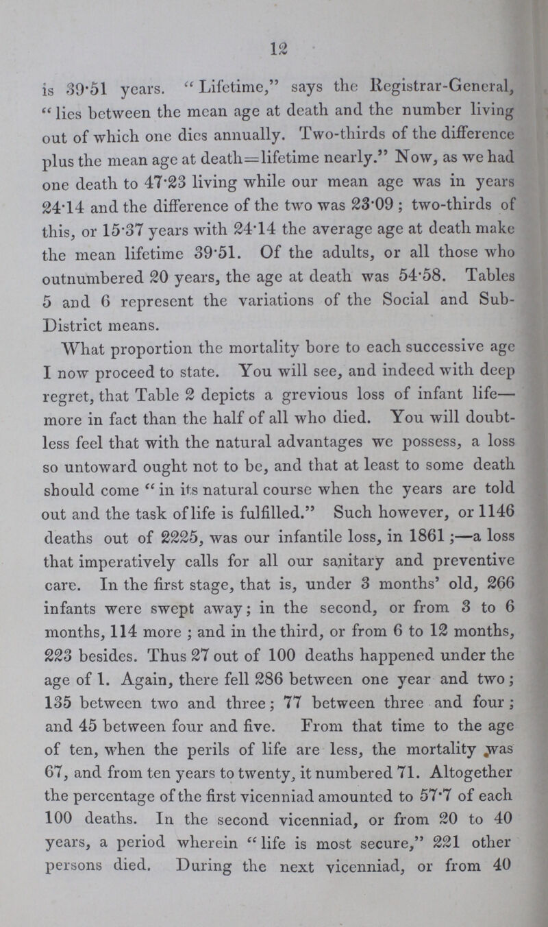 12 is 39.51 years. Lifetime, says the Registrar-General, lies between the mean age at death and the number living out of which one dies annually. Two-thirds of the difference plus the mean age at death=lifetime nearly. Now, as we had one death to 47.23 living while our mean age was in years 24.14 and the difference of the two was 23.09 ; two-thirds of this, or 15.37 years with 24.14 the average age at death make the mean lifetime 39.51. Of the adults, or all those who outnumbered 20 years, the age at death was 54.58. Tables 5 and 6 represent the variations of the Social and Sub District means. What proportion the mortality bore to each successive age I now proceed to state. You will see, and indeed with deep regret, that Table 2 depicts a grevious loss of infant life— more in fact than the half of all who died. You will doubt less feel that with the natural advantages we possess, a loss so untoward ought not to be, and that at least to some death should come in its natural course when the years are told out and the task of life is fulfilled. Such however, or 1146 deaths out of 2225, was our infantile loss, in 1861;—a loss that imperatively calls for all our sanitary and preventive care. In the first stage, that is, under 3 months' old, 266 infants were swept away; in the second, or from 3 to 6 months, 114 more; and in the third, or from 6 to 12 months, 223 besides. Thus 27 out of 100 deaths happened under the age of 1. Again, there fell 286 between one year and two; 135 between two and three; 77 between three and four ; and 45 between four and five. From that time to the age of ten, when the perils of life are less, the mortality .was 67, and from ten years to twenty, it numbered 71. Altogether the percentage of the first vicenniad amounted to 57.7 of each 100 deaths. In the second vicenniad, or from 20 to 40 years, a period wherein life is most secure, 221 other persons died. During the next vicenniad, or from 40
