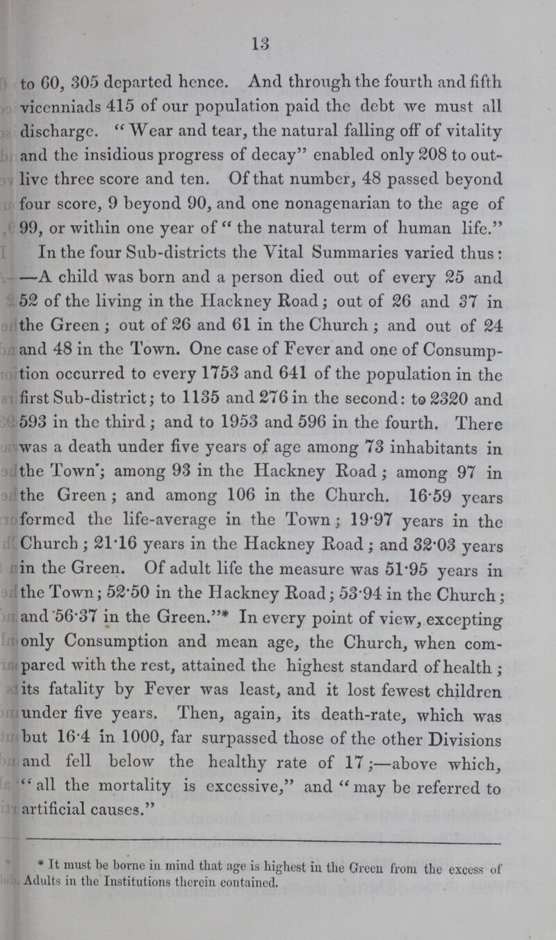 13 to GO, 305 departed hence. And through the fourth and fifth vicenniads 415 of our population paid the debt we must all discharge. Wear and tear, the natural falling off of vitality and the insidious progress of decay enabled only 208 to out live three score and ten. Of that number, 48 passed beyond four score, 9 beyond 90, and one nonagenarian to the age of 99, or within one year of the natural term of human life. In the four Sub-districts the Vital Summaries varied thus : —A child was born and a person died out of every 25 and 52 of the living in the Hackney Road; out of 26 and 37 in the Green; out of 26 and 61 in the Church ; and out of 24 and 48 in the Town. One case of Fever and one of Consump tion occurred to every 1753 and 641 of the population in the first Sub-district; to 1135 and 276 in the second: to 2320 and 593 in the third; and to 1953 and 596 in the fourth. There was a death under five years of age among 73 inhabitants in the Town; among 93 in the Hackney Road; among 97 in the Green; and among 106 in the Church. 16.59 years formed the life-average in the Town; 19.97 years in the Church; 21.16 years in the Hackney Road; and 32.03 years in the Green. Of adult life the measure was 51.95 years in the Town; 52.50 in the Hackney Road; 53.94 in the Church; and 56.37 in the Green.* In every point of view, excepting only Consumption and mean age, the Church, when com pared with the rest, attained the highest standard of health ; its fatality by Fever was least, and it lost fewest children under five years. Then, again, its death-rate, which was but 16.4 in 1000, far surpassed those of the other Divisions and fell below the healthy rate of 17;—above which, ''all the mortality is excessive,and may be referred to artificial causes. . It must be borne in mind that age is highest in the Green from the excess of Adults in the Institutions therein contained.