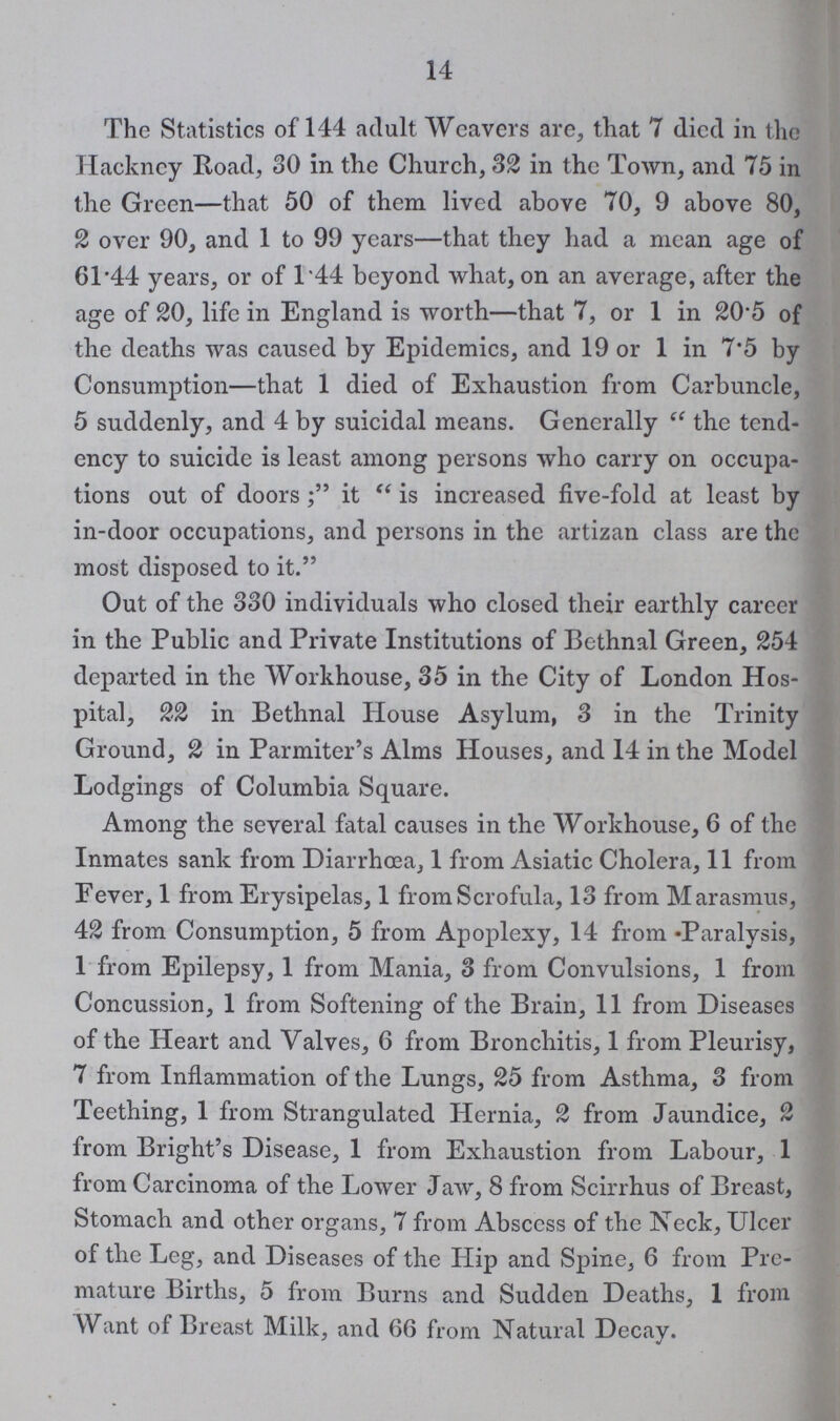 14 The Statistics of 144 adult Weavers are, that 7 died in the Hackney Road, 30 in the Church, 32 in the Town, and 75 in the Green—that 50 of them lived above 70, 9 above 80, 2 over 90, and 1 to 99 years—that they had a mean age of 61.44 years, or of T44 beyond what, on an average, after the age of 20, life in England is worth—that 7, or 1 in 20.5 of the deaths was caused by Epidemics, and 19 or 1 in 7.5 by Consumption—that 1 died of Exhaustion from Carbuncle, 5 suddenly, and 4 by suicidal means. Generally the tend ency to suicide is least among persons who carry on occupa tions out of doors; it is increased five-fold at least by in-door occupations, and persons in the artizan class are the most disposed to it. Out of the 330 individuals who closed their earthly career in the Public and Private Institutions of Bethnal Green, 254 departed in the Workhouse, 35 in the City of London Hos pital, 22 in Bethnal House Asylum, 3 in the Trinity Ground, 2 in Parmiter's Alms Houses, and 14 in the Model Lodgings of Columbia Square. Among the several fatal causes in the Workhouse, 6 of the Inmates sank from Diarrhoea, 1 from Asiatic Cholera, 11 from Fever, 1 from Erysipelas, 1 from Scrofula, 13 from Marasmus, 42 from Consumption, 5 from Apoplexy, 14 from Paralysis, 1 from Epilepsy, 1 from Mania, 3 from Convulsions, 1 from Concussion, 1 from Softening of the Brain, 11 from Diseases of the Heart and Valves, 6 from Bronchitis, 1 from Pleurisy, 7 from Inflammation of the Lungs, 25 from Asthma, 3 from Teething, 1 from Strangulated Hernia, 2 from Jaundice, 2 from Bright's Disease, 1 from Exhaustion from Labour, 1 from Carcinoma of the Lower Jaw, 8 from Scirrhus of Breast, Stomach and other organs, 7 from Abscess of the Neck, Ulcer of the Leg, and Diseases of the Hip and Spine, 6 from Pre mature Births, 5 from Burns and Sudden Deaths, 1 from Want of Breast Milk, and 66 from Natural Decay.