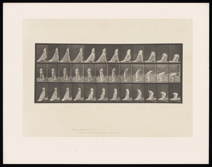 A woman walking, wearing a sheer dress. Collotype after Eadweard Muybridge, 1887.