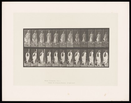 A woman running, wearing a sheer dress. Collotype after Eadweard Muybridge, 1887.