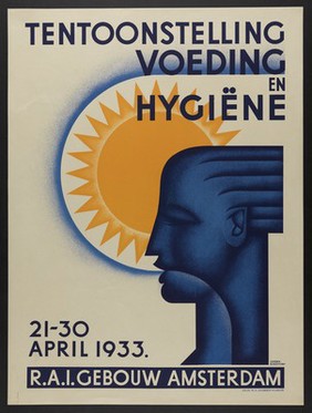 A stylized blue head and the sun forming the silhouette of an Ionic capital; advertising an exhibition on food and hygiene in Amsterdam. Colour lithograph by G. Scheepstra, 1933.