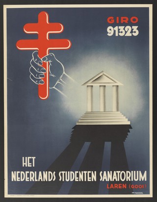 A portico and the cross of Godfrey of Bouillon; representing academia and tuberculosis, as the elements of the sanatorium for students in the Netherlands. Lithograph by N. Raemaekers, ca. 1951 (?).
