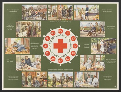 Activities of the Netherlands Red Cross that can be supplied with the aid of donations of various amounts. Colour lithograph by Derf, 194- (?).