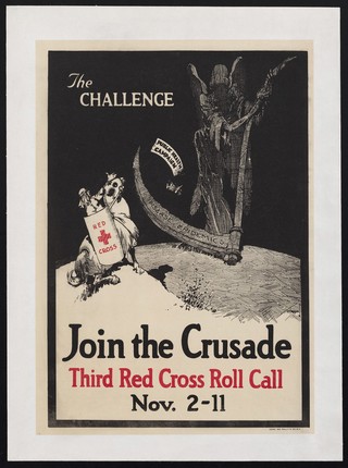 Death is challenged by a crusader representing the Red Cross; advertising the Third Red Cross Roll Call for the improvement of public health. Colour lithograph, 1919.