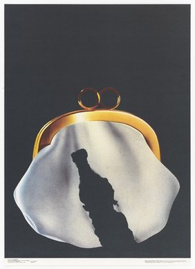 A purse with a hole in it in the shape of a bottle of liquor; representing the expense of drinking alcoholic drinks. Colour lithograph after I. Tarasov, 1987.