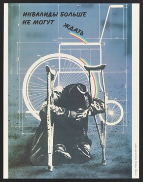 A man with crutches sits in despair in front of a blueprint for a penny-farthing wheelchair. Colour lithograph after O. Kacher, 19--.