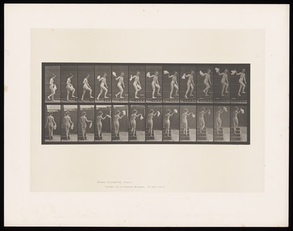 A naked woman walking up steps waving a handkerchief. Collotype after Eadweard Muybridge, 1887.