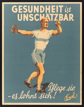 An athlete about to throw a discus; representing care of one's health. Colour lithograph by R..l (?), 1929.