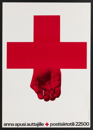 The Red Cross with its lower member in the form of an open hand; appealing for funds for the Red Cross organization in Finland. Colour lithograph after E. Ruuhinen, 20-- (?).