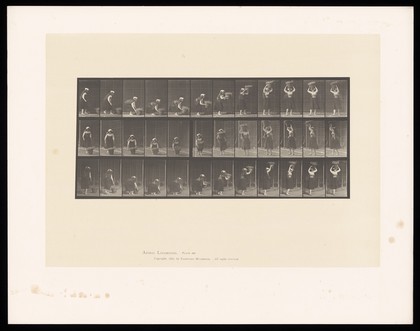 A clothed woman crouching to pick up a basket from the ground, straightening, lifting it onto her head and turning. Collotype after Eadweard Muybridge, 1887.