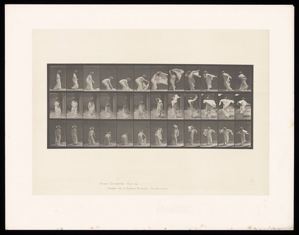 A clothed woman bending to pick up a shawl from the ground, putting it round her shoulders, turning and walking away. Collotype after Eadweard Muybridge, 1887.