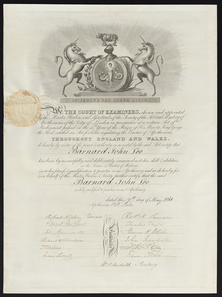 We, the court of examiners, chosen and appointed by the master, wardens and assistants of the Society of the Art and Mystery of Apothecaries of the City of London in pursuance of a certain Act of Parliament passed in the 55th year of the reign of his majesty King George the third entitled an Act for the better regulating the practice of apothecaries throughout England and Wales, do hereby by virtue of the power & authority invested by the said Act certify that ... has been by us carefully and deliberately examined as to his skills & abilities in the science & practice of medicine ... duly qualified as an apothecary.