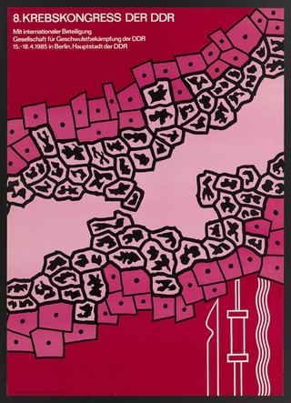 Cancer cells and instruments for treating cancer; advertising a cancer congress in East Germany. Colour lithograph by H. Israel for the Gesellschaft für Geschwulstbekämpfung der DDR, 1985.