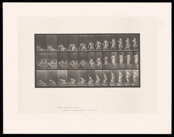 A woman, naked above the waist, sitting on the ground with her legs stretched out to her left, rises to a standing position, a folded paper in her right hand. Collotype after Eadweard Muybridge, 1887.