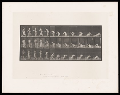 A semi-naked woman is lying on the ground on her right side, supporting herself on her right elbow. She turns, pushes herself up into a standing position and walks away, newspaper in her left hand. Collotype after Eadweard Muybridge, 1887.