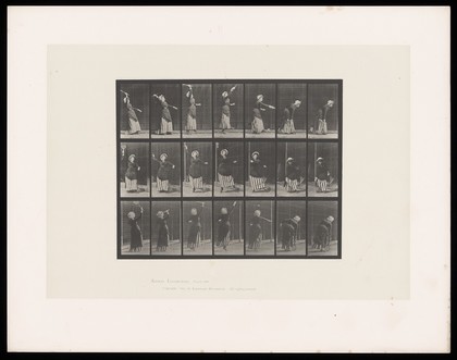 A clothed woman stretches upwards on tiptoe as she swipes a tennis racquet held in her right hand from above her head, bending as she brings it down to her side. Collotype after Eadweard Muybridge, 1887.