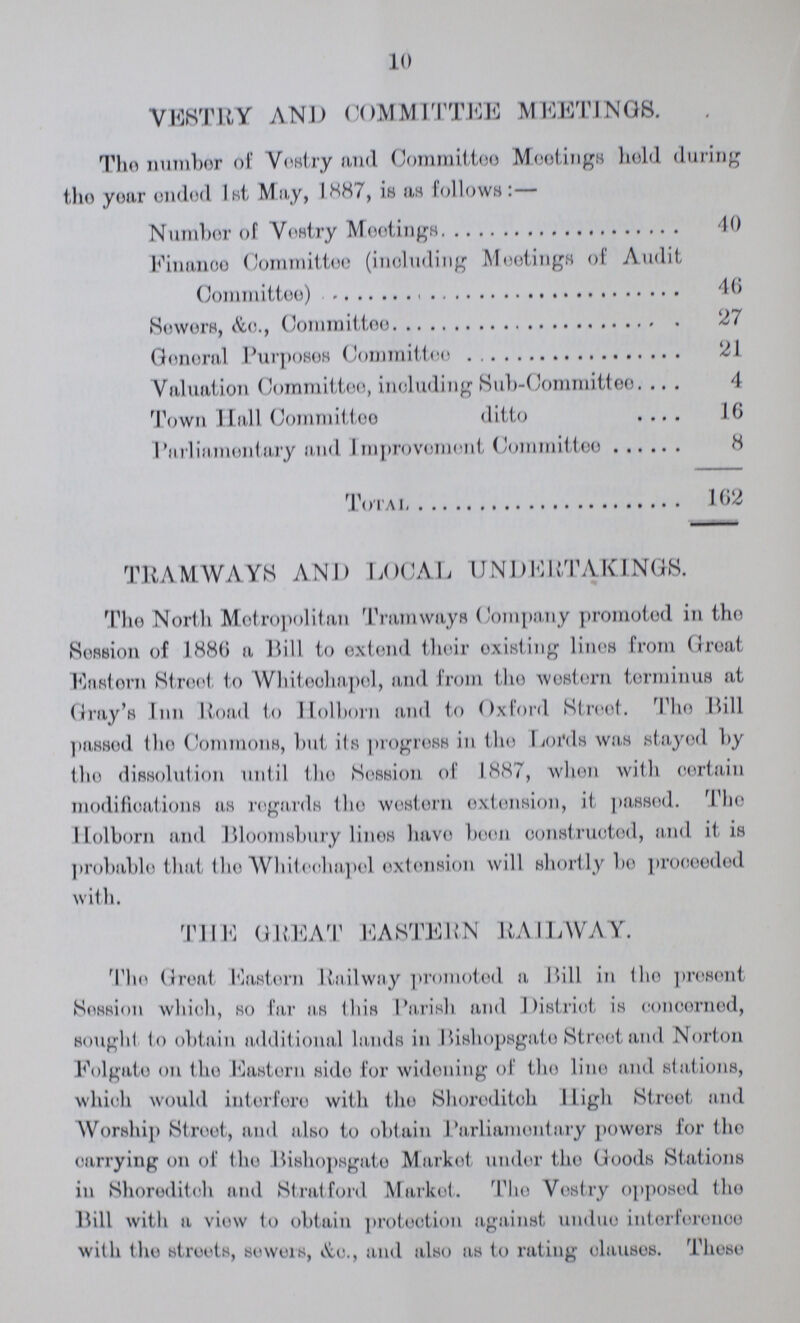 10 VESTRY AND COMMITTEE MEETINGS. The number of Vestry and Committee Meetings hold during tho year ended 1st May, 1887, is as follows:— Number of Vestry Meetings 40 Finance Committee (including Meetings of Audit Committee) 46 Sewers, &c., Committee 27 General Purposes Committee 21 Valuation Committee, including Sub-Committee 4 Town Hall Committee ditto 16 Parliamentary and Improvement Committee 8 Total 162 TRAMWAYS AND LOCAL UNDERTAKINGS. The North Metropolitan Tramways Company promoted in the Session of 1880 a Bill to extend their existing lines from Groat Eastern Street to Whitechapel, and from the western terminus at Gray's Inn Road to Holborn and to Oxford Street. The Bill passed the Commons, but its progress in the Lords was stayed by the dissolution until the Session of 1887, when with certain modifications as regards the western extension, it passed. The Holborn and Bloomsbury lines have been constructed, and it is probable that the Whitechapel extension will shortly bo proceeded with. THE GREAT EASTER N RIALWAY. The Great Eastern Railway promoted a Bill in the present Session which, so far as this Parish and District is connerned, sought to obtain additional lands in Bishopsgate Street and Norton Eolgato on the Eastern side for widening of the line and stations, which would interfere with the Shoroditoh 1 ligh Street and Worship Street, and also to obtain Parliamentary powers for tho earrying on ol the Bishopsgate Market, under the Goods Stations in Shoroditoh and Stratford Market. The Vestry opposed the Bill with a view to obtain protection against undue interfernnee with the streets, sewers, &e., and also as to rating clauses. These