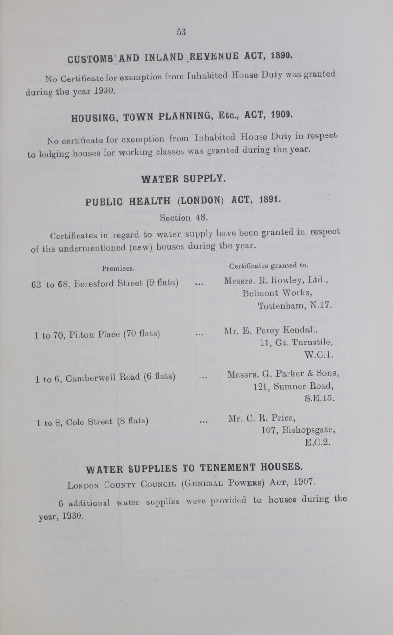 58 TABLE 27. Verminous Bedding, &c., Disinfected at the Council's Stations during 1930. Articles. Disinfected. Destroyed. Beds 241 — Palliasses 46 — Bolsters and Pillows 358 — Cushions 24 — Blankets 746 — Sheets 440 — Quilts 159 — Articles of Clothing, &c. 26,511 — Books 8 — Total 28,533 — VERMINOUS PERSONS CLEANSED DURING 1930. During the year 6,731 persons were cleansed at the station in King James Street. Of these under our agreement with the London County Council, were 5,430 children. Many of the children treated were suffering from Scabies. In every case the treatment at our Station was thoroughly efficacious, and no recurrence of the trouble was experienced. 1,301 adults sent from the various common lodging houses and other places in our borough were cleansed during the year, as against 1,053 dealt with under the provisions of the Cleansing of Persons Act, 1897, in 1929.