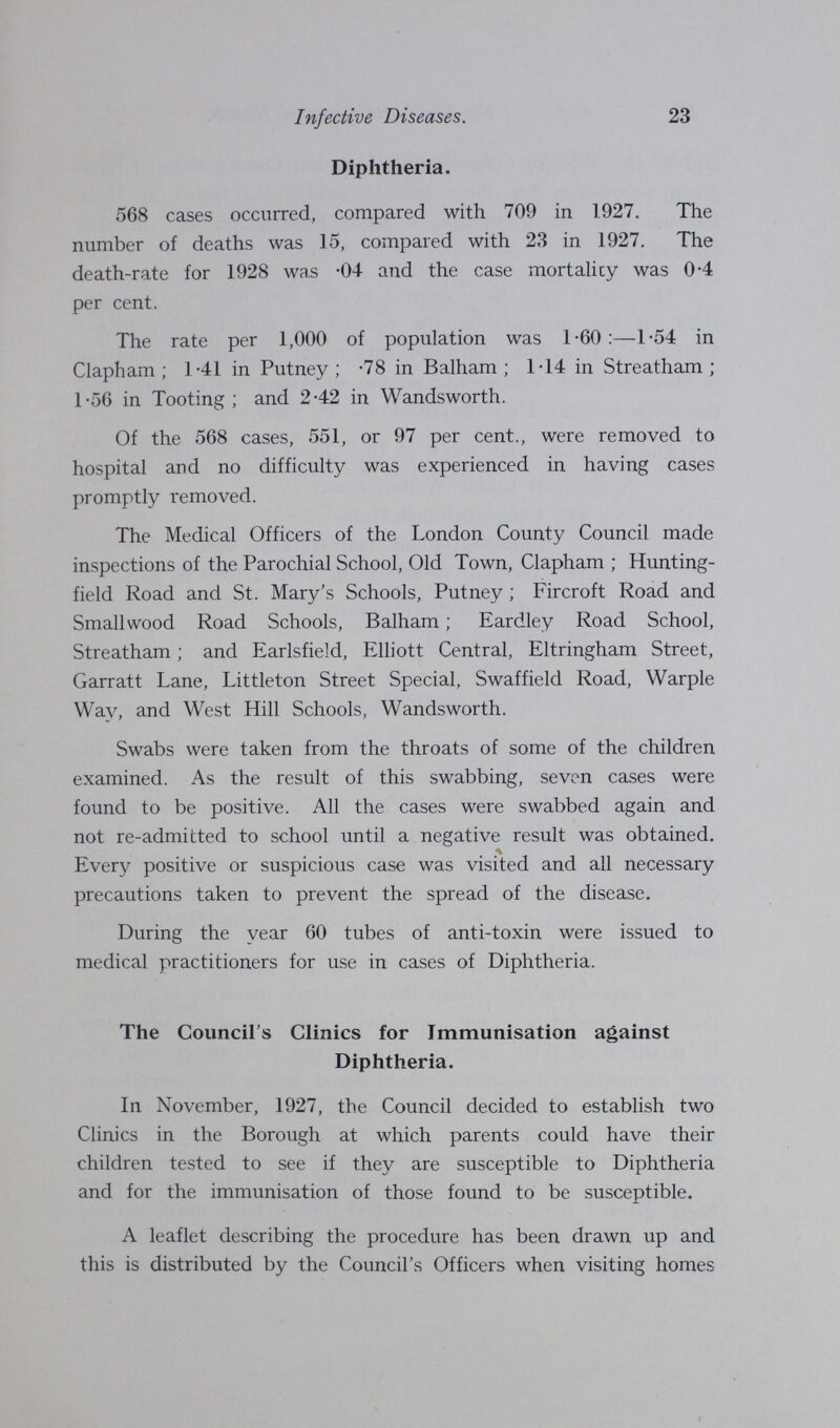 Infective Diseases. 23 Diphtheria. 568 cases occurred, compared with 709 in 1927. The number of deaths was 15, compared with 23 in 1927. The death-rate for 1928 was .04 and the case mortality was 0-4 per cent. The rate per 1,000 of population was 1.60:— 1.54 in Clapham; 1.41 in Putney; .78 in Balham; 1.14 in Streatham; 1.56 in Tooting; and 2.42 in Wandsworth. Of the 568 cases, 551, or 97 per cent., were removed to hospital and no difficulty was experienced in having cases promptly removed. The Medical Officers of the London County Council made inspections of the Parochial School, Old Town, Clapham ; Hunting field Road and St. Mary's Schools, Putney; Fircroft Road and Smallwood Road Schools, Balham; Eardley Road School, Streatham; and Earlsfield, Elliott Central, Eltringham Street, Garratt Lane, Littleton Street Special, Swaffield Road, Warple Way, and West Hill Schools, Wandsworth. Swabs were taken from the throats of some of the children examined. As the result of this swabbing, seven cases were found to be positive. All the cases were swabbed again and not re-admitted to school until a negative result was obtained. Every positive or suspicious case was visited and all necessary precautions taken to prevent the spread of the disease. During the year 60 tubes of anti-toxin were issued to medical practitioners for use in cases of Diphtheria. The Council's Clinics for Immunisation against Diphtheria. In November, 1927, the Council decided to establish two Clinics in the Borough at which parents could have their children tested to see if they are susceptible to Diphtheria and for the immunisation of those found to be susceptible. A leaflet describing the procedure has been drawn up and this is distributed by the Council's Officers when visiting homes