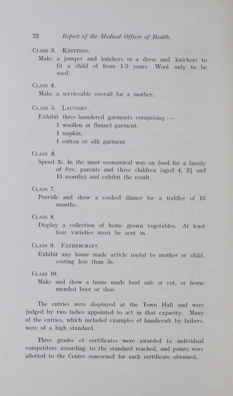 72 Report of the Medical Officer of Health. Class 3. Knitting. Make a jumper and knickers or a dress and knickers to fit a child of from 1-5 years. Wool only to be used. Class 4. Make a serviceable overall for a mother. Class 5. Laundry. Exhibit three laundered garments comprising:— 1 woollen or flannel garment. 1 napkin. 1 cotton or silk garment. Class 6. Spend 3s. in the most economical way on food for a family of five, parents and three children (aged 4, 2½ and 15 months) and exhibit the result. Class 7. Provide and show a cooked dinner for a toddler of 15 months. Class 8. Display a collection of home grown vegetables. At least four varieties must be sent in. Class 9. Fathercraft. Exhibit any home made article useful to mother or child, costing less than 5s. Class 10. Make and show a home made food safe or cot, or home mended boot or shoe. The entries were displayed at the Town Hall and were judged by two ladies appointed to act in that capacity. Many of the entries, which included examples of handicraft by fathers, were of a high standard. Three grades of certificates were awarded to individual competitors according to the standard reached, and points were allotted to the Centre concerned for each certificate obtained,
