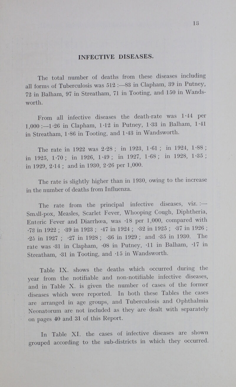 13 INFECTIVE DISEASES. The total number of deaths from these diseases including all forms of Tuberculosis was 512:—83 in Clapham, 39 in Putney, 72 in Balham, 97 in Streatham, 71 in Tooting, and 150 in Wands worth. From all infective diseases the death-rate was 1.44 per 1,000:—1.26 in Clapham, 1.12 in Putney, 1.33 in Balham, 1.41 in Streatham, 1 -86 in Tooting, and 1 -43 in Wandsworth. The rate in 1922 was 2.28; in 1923, 1.61; in 1924, 1.88; in 1925, 1.70; in 1926, 1.49; in 1927, 1.68; in 1928, 1.35; in 1929, 2.14; and in 1930, 2,26 per 1,000. The rate is slightly higher than in 1930, owing to the increase in the number of deaths from Influenza. The rate from the principal infective diseases, viz.:— Small-pox, Measles, Scarlet Fever, Whooping Cough, Diphtheria, Enteric Fever and Diarrhoea, was .18 per 1,000, compared with .73 in 1922; .39 in 1923; .47 in 1924; .32 in 1925; .37 in 1926; .25 in 1927; .27 in 1928; .36 in 1929; and .35 in 1930. The rate was .31 in Clapham, .08 in Putney, .11 in Balham, .17 in Streatham, .31 in Tooting, and .15 in Wandsworth. Table IX. shows the deaths which occurred during the year from the notifiable and non-notifiable infective diseases, and in Table X. is given the number of cases of the former diseases which were reported. In both these Tables the cases are arranged in age groups, and Tuberculosis and Ophthalmia Neonatorum are not included as they are dealt with separately on pages 40 and 31 of this Report. In Table XI. the cases of infective diseases are shown grouped according to the sub-districts in which they occurred.