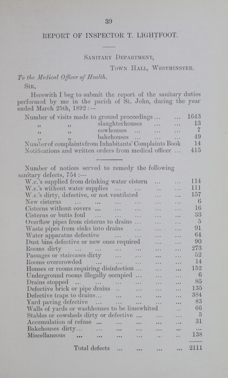 39 REPORT OF INSPECTOR T. LIGHTFOOT. Sanitary Department, Town Hall, Westminster. To the Medical Officer of Health. Sir, Herewith I beg to submit the report of the sanitary duties performed by me in the parish of St. John, during the year ended March 25th, 1892:— Number of visits made to ground proceedings 1643 ,, ,, slaughterhouses 13 ,, ,, cowhouses 7 ,, „ bakehouses 49 Number of complaints from Inhabitants' Complaints Book 14 Notifications and written orders from medical officer 415 Number of notices served to remedy the following sanitary defects, 754:— W.c.'s supplied from drinking water cistern 114 W.c.'s without water supplies 111 W.c.'s dirty, defective, or not ventilated 157 New cisterns 6 Cisterns without covers 16 Cisterns or butts foul 33 Overflow pipes from cisterns to drains 5 Waste pipes from sinks into drains 91 Water apparatus defective 64 Dust bins defective or new ones required 90 Rooms dirty 273 Passages or staircases dirty 52 Rooms overcrowded 14 Houses or rooms requiring disinfection 152 Underground rooms illegally occupied 6 Drains stopped 85 Defective brick or pipe drains 135 Defective traps to drains 384 Yard paving defective 83 Walls of yards or washhouses to be limewhited 66 Stables or cowsheds dirty or defective 5 Accumulation of refuse 31 Bakehouses dirty ... Miscellaneous 138 Total defects 2111