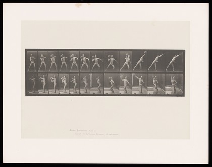 A man in a posing pouch lifts a rock from chest to shoulder height, throws it upwards with his right hand, leaning forwards and stnading on his left leg as he does. Collotype after Eadweard Muybridge, 1887.