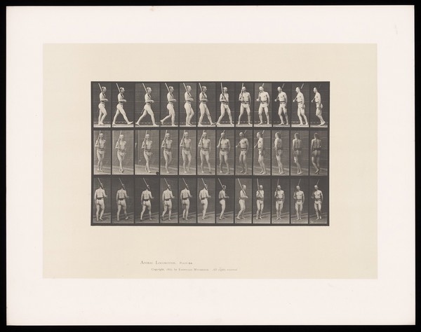 A man in a loin cloth carries a rifle in his right hand, leaning against his shoulder: he walks, turns and walks back. Collotype after Eadweard Muybridge, 1887.