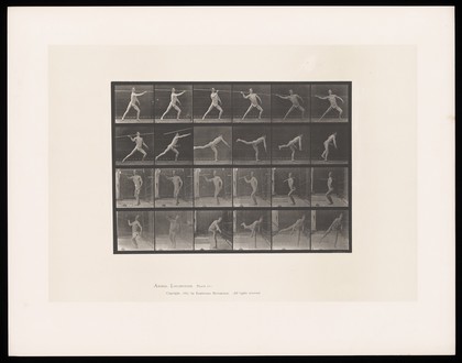 A man in a posing pouch holds a javelin above his shoulder with his right hand then throws it. Collotype after Eadweard Muybridge, 1887.