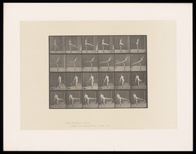A naked man raises his right leg to hip height in front of him then rotates it round to behind him. Collotype after Eadweard Muybridge, 1887.